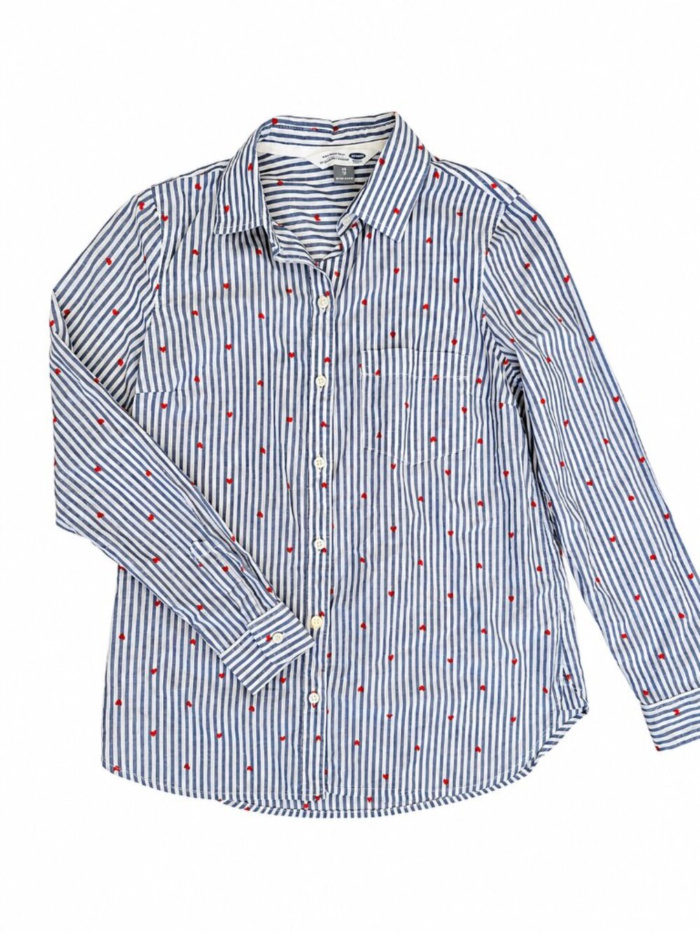 Old Navy Classic Shirt XS Blue Stripe Heart Print Button Down Cotton Top